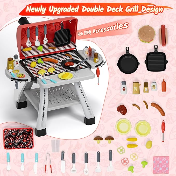 Kids Toys Kitchen Playset, Kids BBQ Grill Playset with Smoke, Sound & Light, Toy Grill for Kids, Pretend Play Food Hamburger, Interactive Toys Barbecue Cooking Game for Toddlers Boys Girls 3-5