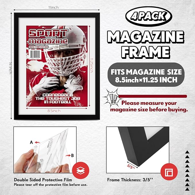 Geetery 4 Pcs Sports Magazine Frame for Wall Fits Measuring 8.5 x 11.25" Magazine Display Frame with Installed Hangers and Core Matting Plastic Comic Book Frames for Wall Hanging(Black , White Mat)