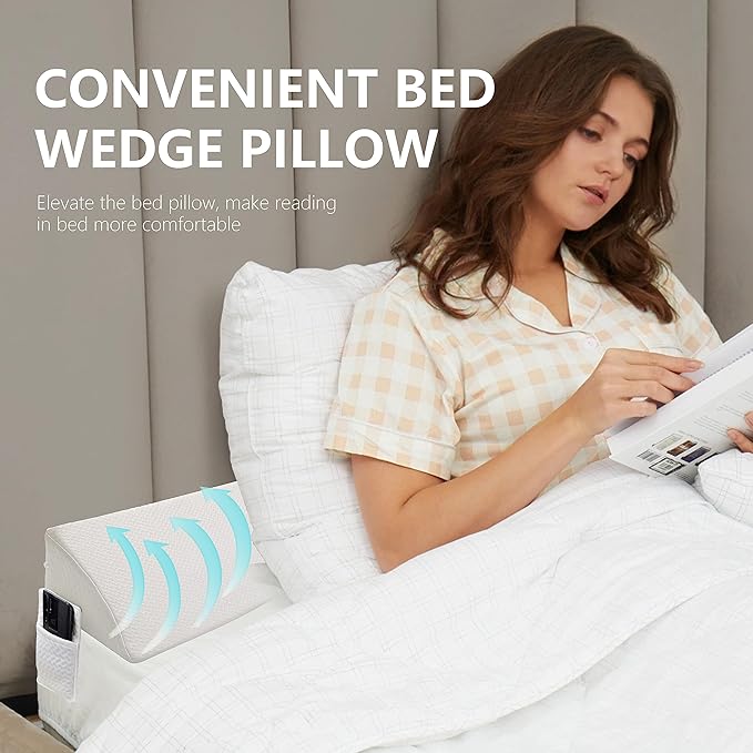 Bed Wedge Pillow for Headboard Gap Bed Mattress Gap Filler (0-8") Between Headboard/Wall and Mattress White Twin Size Foam Support Triangle Bloster Pillow Stoppers with 2 Pockets
