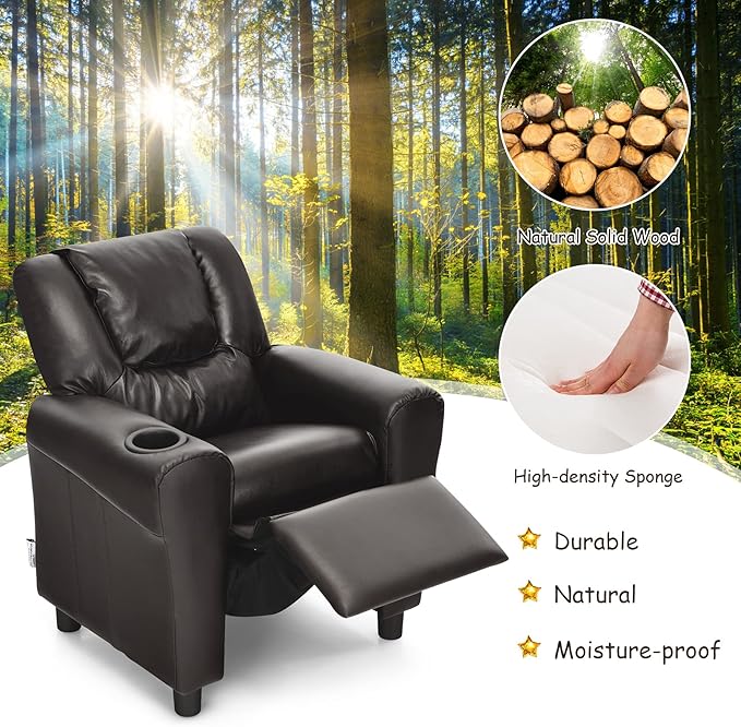 Costzon Kids Recliner Chair with Cup Holder, Toddler Furniture Children Armrest Sofa w/Headrest & Footrest for Girls Boys Baby Bedroom, Kids Room, PU Leather Kids Recliner Couch (Brown)