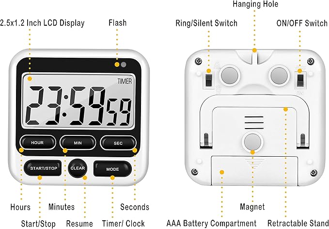 KTKUDY Digital Kitchen Timer with Mute/Loud Alarm Switch ON/Off Switch, 24 Hour Clock & Alarm, Memory Function Count Up & Count Down for Kids Teachers Cooking, Large LCD Display, Strong Magnet (Black)