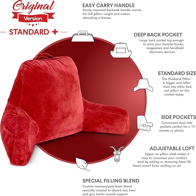 Husband Pillow Red, Original Reading Pillow in Bed Rest Chair, Shredded Memory Foam Large Lounge Cushion Adult Backrest with Arms, Comfy Back Support for Sit Sitting Up, Washable/Removable Cover