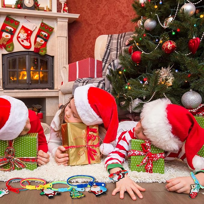 Hicarer 24 Pieces Christmas Zipper Bracelets Fidget Toys Bulk Neon Color Friendship Zipper Bracelet with Snowman Christmas Tree Santa Claus Pendant for Kids Christmas Birthday Party Favors