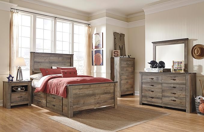 Signature Design by Ashley Trinell Rustic 5 Drawer Chest of Drawers with Nailhead Trim, Warm Brown