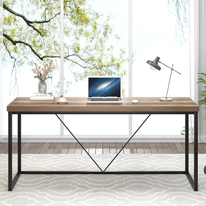 FOLUBAN Industrial Computer Desk, Rustic Wood and Metal Writing Desk, Vintage PC Table for Home Office, Oak 60 inch
