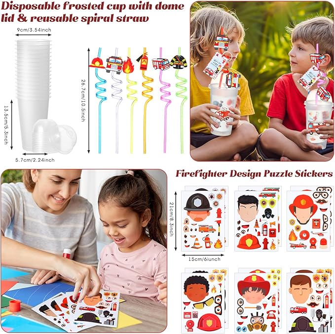 HyDren 171 Pcs Firefighter Party Favors Included Gift Cup Straw Keychain Slap Bracelet Mini Truck Sticker Stamper Card Tattoo Sticker Shovel Sticker Tag Cable Tie For Birthday Gift Prize