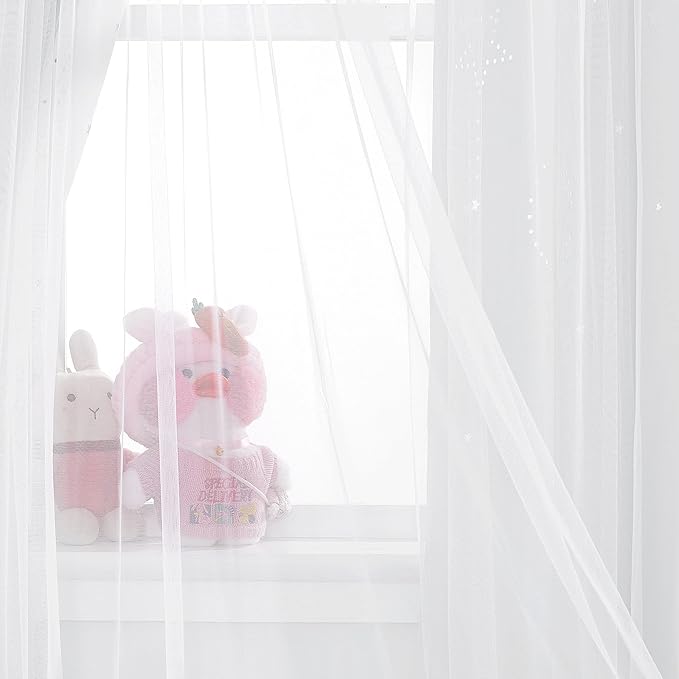 NICETOWN 84 inch Length Star and Moon Hollow-Out Window Curtains for Christams Gift/Kids Room, White Voile Overlay with Blackout Curtains for Nursery (Greyish White, 52" W per Panel, 2 Panels)