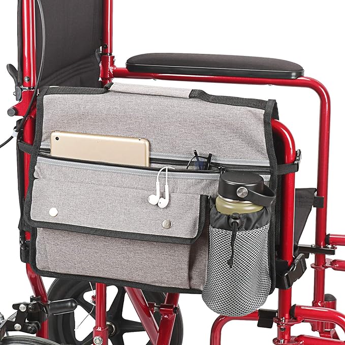 Wheelchair Storage Bag, Double-Sided Armrest Pouch with Cup Holder and Reflective Strip, for Wheelchairs and Walkers (Gray)