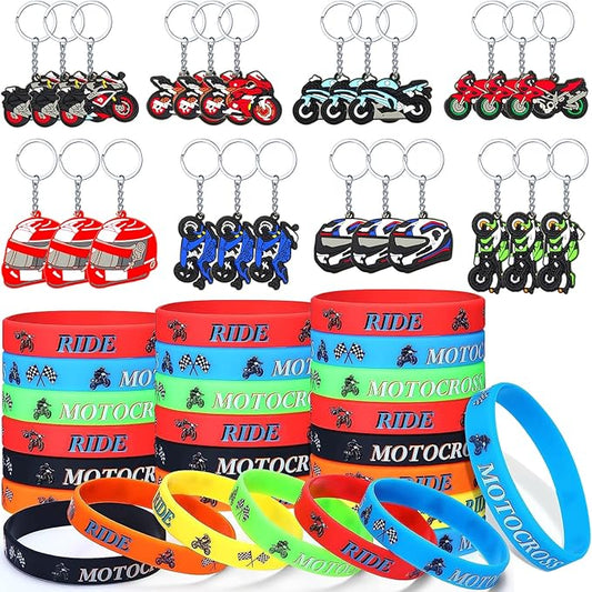 Aoriher 48 Pcs Dirt Bike Party Favors 24 Motocross Rubber Bracelets Wristbands 24 Motorcycle Keychains Birthday Goodie Bag Fillers Classroom Rewards for Kids Boys Girls 2025 Happy New Year Gifts