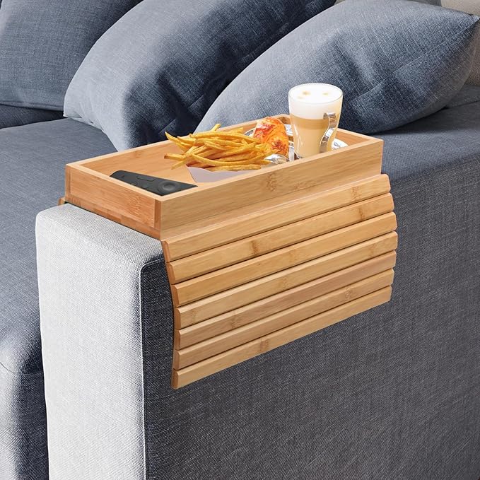 Couch Armrest Table, Bamboo Couch Cup Holder, Couch Cup Holder Tray, Sofa Arm Tray, Armchair Caddy 12.4" x 5.5" with Nonslip Felt Bottom, Sturdy Bamboo Slats for Armrests 6" and Wider (Brown)