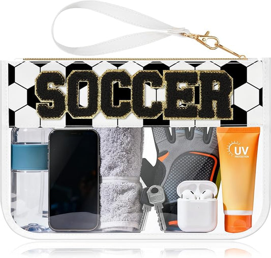 BuyCard Soccer Gift Makeup Bag with Chenille Letter Patch, Clear Cosmetic Pouch PVC Organizer Purse, Waterproof Travel Bag, Portable Toiletry Storage Bag for Her Friends