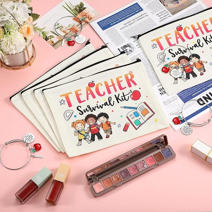 8 Pcs Teacher Appreciation Gift Set for Women, 4 Teacher Makeup Pouch Cosmetic Bags and 4 Bangle Bracelets, Christmas Valentines Thank You Gifts for Teacher (Cute Style)