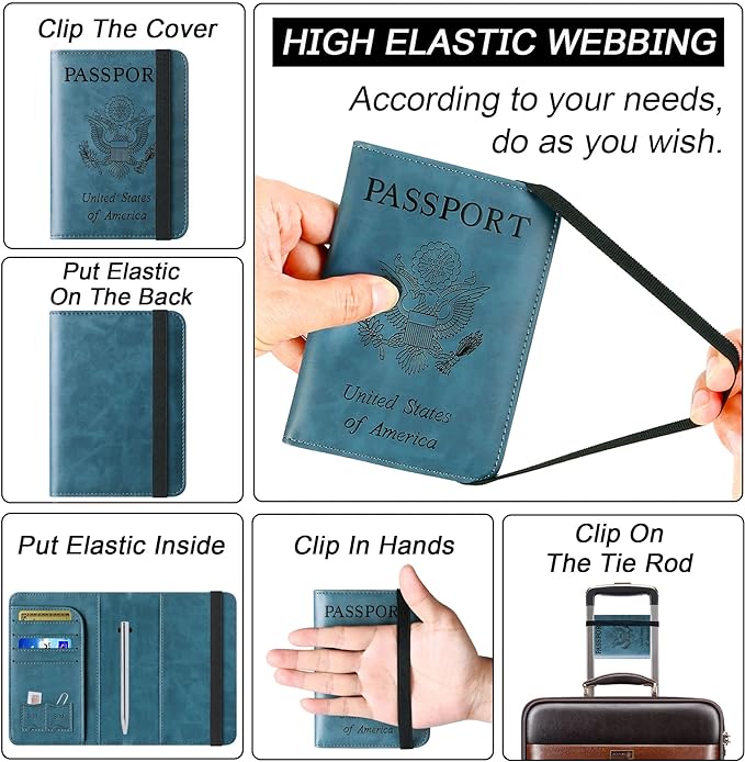 Passport Holder Cover Wallet Travel Essentials Leather Rfid Blocking Case Vacation Luggage Must Haves Travel Accessories for Men Women (116#Blue)