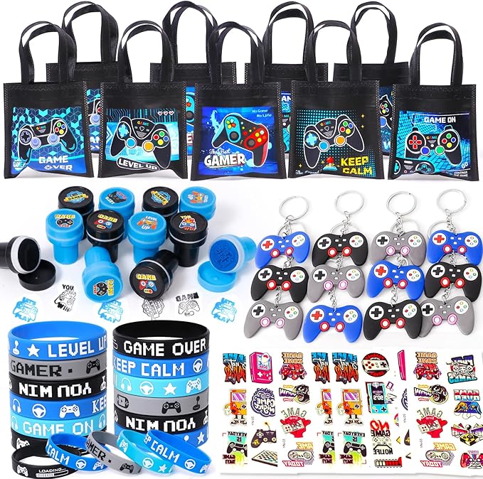 60Pcs Video Game Party Favors Gamer Birthday Party Supplies for Kids Non Woven Bags Silicone Bracelet Stamper Keychain Glow Sticker Game on Gift Goodie Treat Bag Fillers Boy Gaming Party Favors