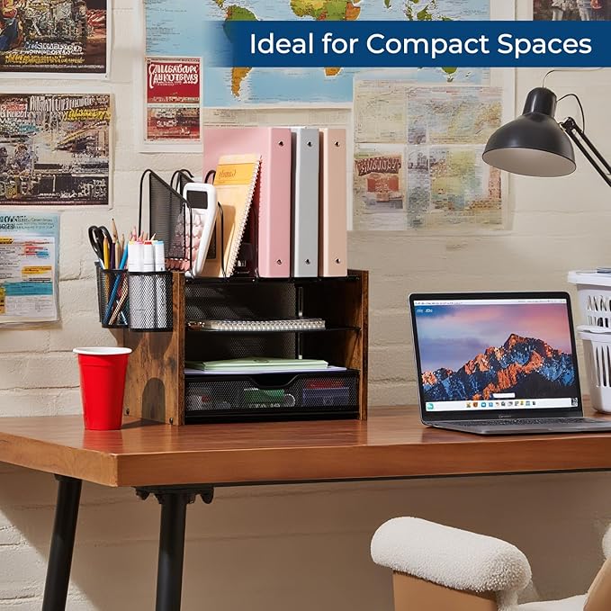 Y YOMA Wooden Desk Organizer, 4-Tier Mesh Desk Organizer with Drawer, Paper Tray & 5 Vertical File Holders, 2 Pen Holders, Desktop Organizer and Accessories for Home Office Dorm