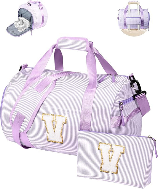 Gifts for Teen Girl, Girls Travel Duffle Bag, Kids Initial Overnight Duffel Bags with Shoe Compartment, Personalized Dance Bag with Cosmetic Pouch, 10 Year Old Kid Birthday Gift (Letter V)