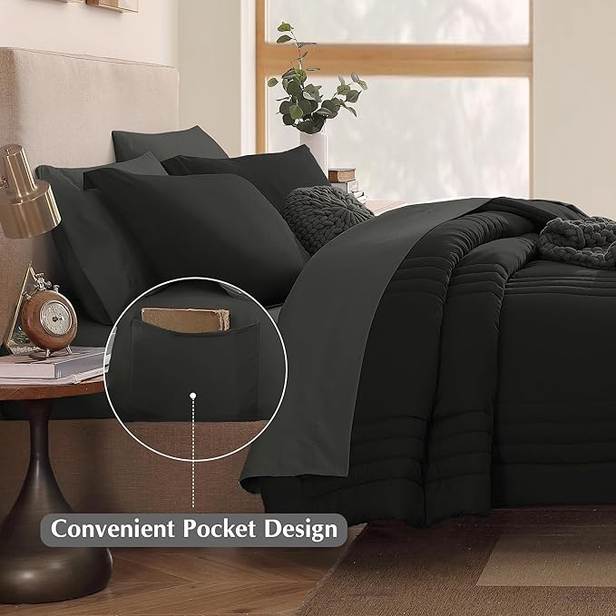Monbix Queen Comforter Set - 7 Pieces Black Bed in a Bag Queen Bedding Sets with Comforters, All Seasons Comforter Bed Set with Sheets,Pillowcases & Shams