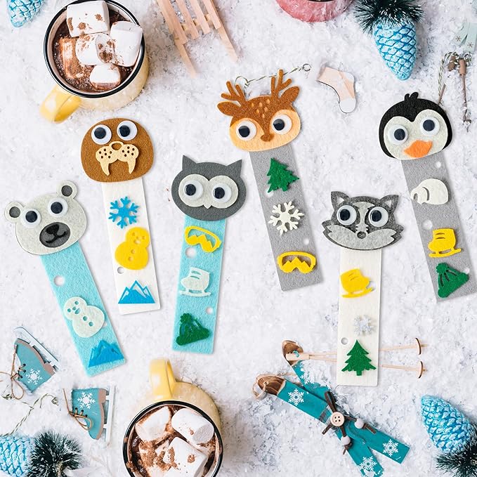 HubirdSall 24 Pack Winter Polar Animals Felt Bookmark Craft Kit, DIY Make Your Own Arctic Animal Bookmarks with Reindeer Walrus Polar Bear Penguins Art Bulk Party Gift Classroom Activities for Kids
