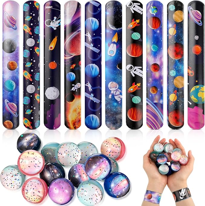 32 Pieces Space Bouncy Balls Slap Bracelets Set, Inclued 16 Space Slap Bracelets and 16 Rubber Space Theme Galaxy Bouncy Balls for Outer Space Birthday Party Favors Supplies Toys Bag Fillers