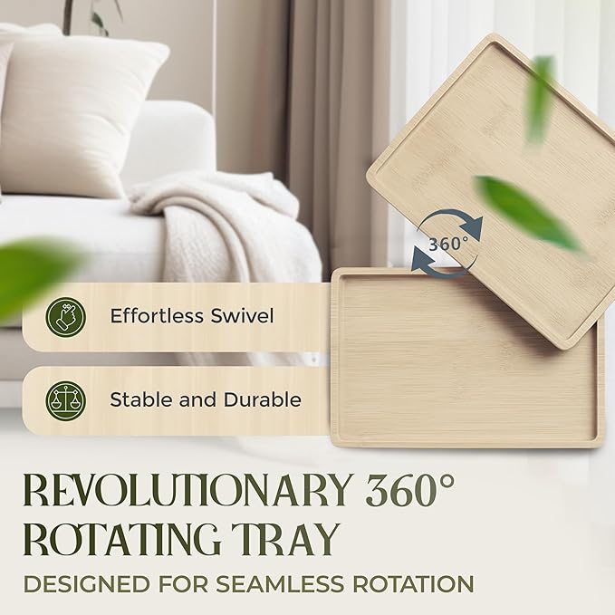 Bamboo Couch Arm Table, Sofa Arm Tray, 360 Rotating Table, Clip On Side Table for Couch, Perfect Size for Remotes, Storage and Includes 4 Bonus Coasters, 13x9.25x2.5in, Natural