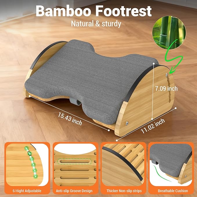 Bamboo Foot Rest for Under Desk at Work - 3-in-1 Reversible Rocking Under Desk Footrest with Foam Cushion and 6 Adjustable Heights, Ergonomic Foot Rest with Washable Cover for Home, Office and Gaming
