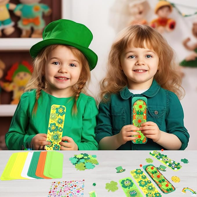 JULBEAR 36 Sets St. Patrick's Day Crafts Kits, Shamrock Bookmark Craft Kits DIY Blank Foam Bookmarks Decorations Leaf Foam Stickers Arts for Kids Classroom Activity St Patrick's Day Party Favors