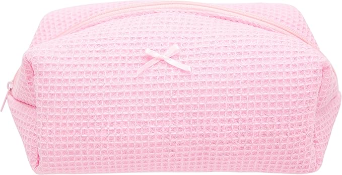 Cozy Makeup Bag Travel Cosmetic Bag for Women Soft Toiletry Bag Aesthetic Makeup Organizer Portable Large Zipper Pouch for Skincare Beauty Accessories Brushes Walffle Check Pink