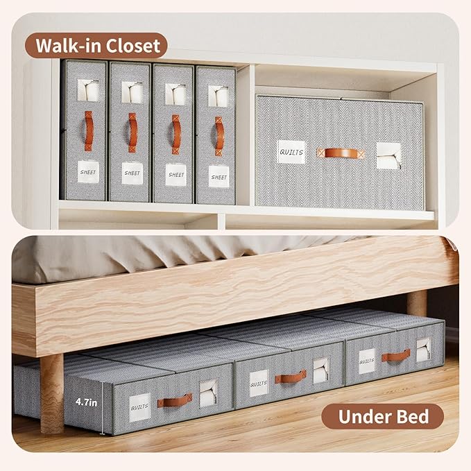 4 Pack Bed Sheet Storage Organizers- Premium Fabric Closet Organizer with Clear View Window, Space-Saving Foldable Design for Queen/King Size Bedsheets, Blankets & Duvet Covers