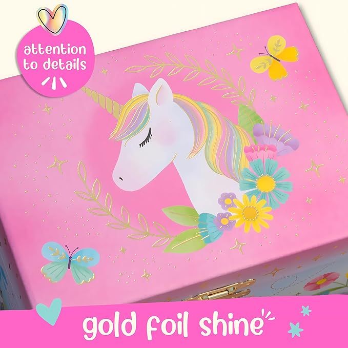 Floral Unicorn Jewelry Box - Unicorn Toys for Girls Age 4-6 - Kids Jewelry Box with Spinning Unicorn - 6 x 4.7 x 3.5 in