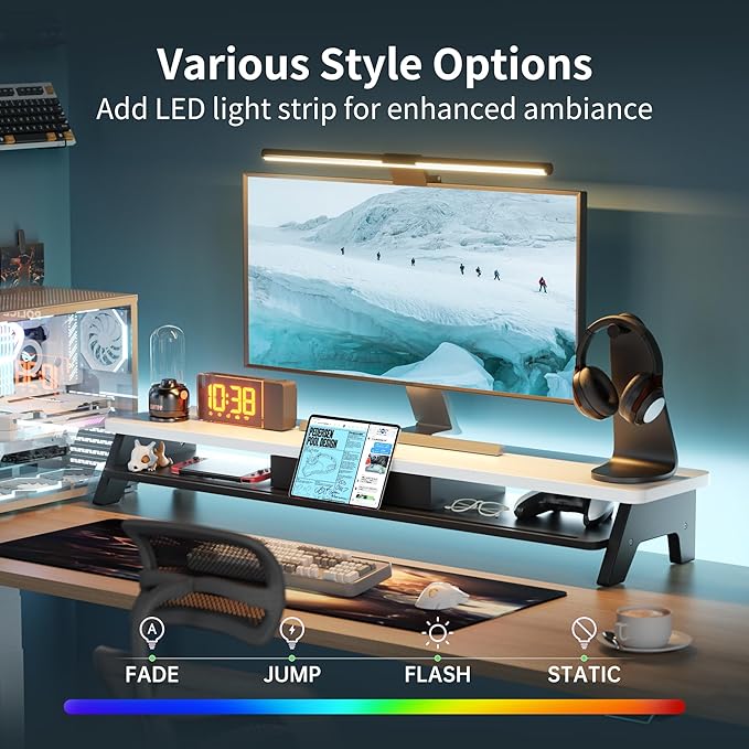 AFOOYO Dual Monitor Stand Riser,LED 2-Tier 39.3 Inch Computer Monitor Stand for 2 Monitors,Office Desktop Organizer with Storage Drawer and Phone Holder for Laptop,PC,Computer,Printer,White