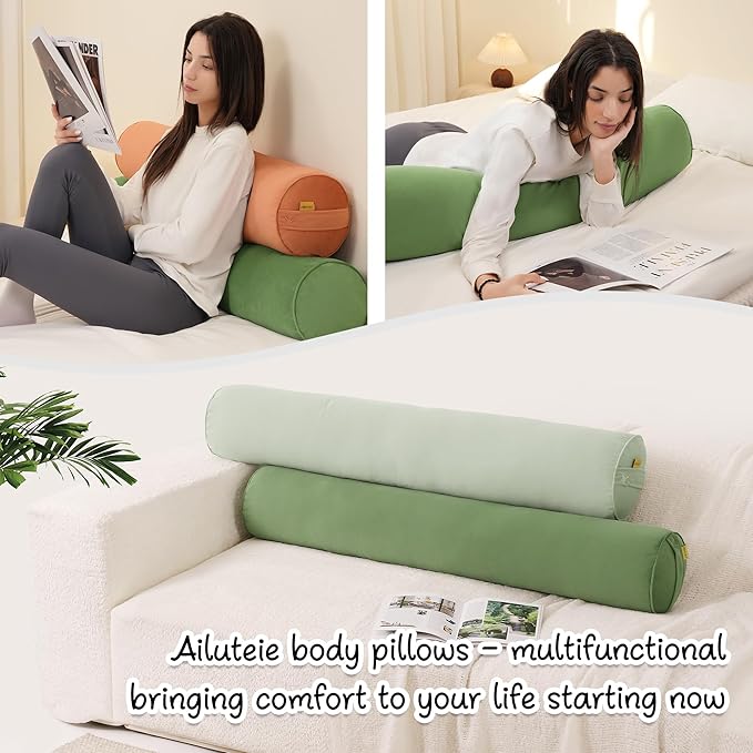 Bolster Pillow for Bed – Long Round Body Pillow for Adults, Cuddle Pillow for Sleeping, Full-Length Support,39.37 x 7.87 Inches,Olive Green