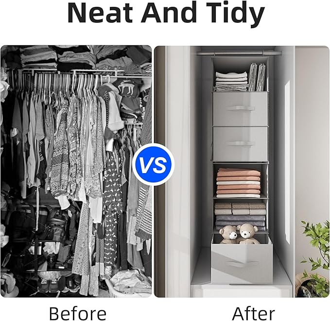 Twira 6-Shelf Hanging Closet Organizer, 2 Separable 3-Shelf Hanging Shelves, Hanging Storage with 3 Removanle Drawers 4 Side Pockets for Wardrobe, Nursery, Drom, Baby Clothes Organization Light Grey