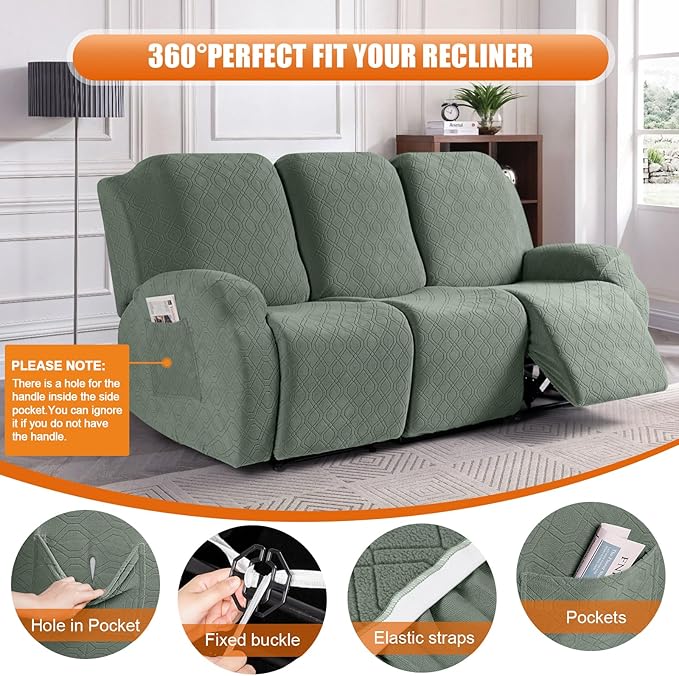VANSOFY Recliner Cover, 3-Pieces Stretch Reclining Couch Covers with Pockets Reclining Sofa Slipcovers 3 Seater Soft Washable Furniture Protector for Dogs Cats(Bean Green)