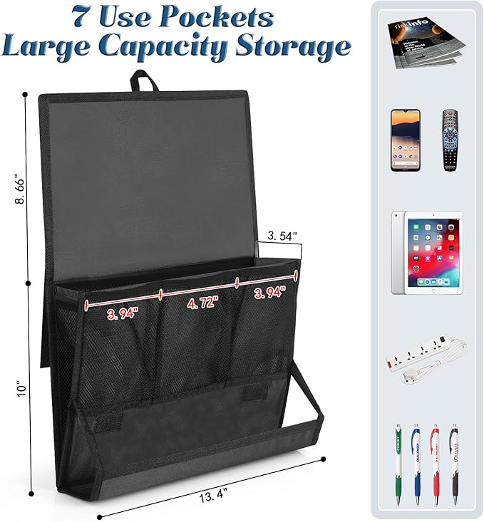 Bedside Storage Organizer with Power Strip Holder and Adjustable Straps Bed Hanging Bag for Home Bunk Bed Dorm Sofa (Black)
