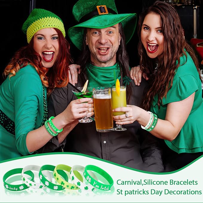 JUNEBRUSHS 42pcs St. Patrick's Day Silicone Bracelets, Green Shamrock Rubber Wristbands for Kids Adults St.Patrick's Day Party Ireland, Spring Party Favors Holiday Decorations Gift (6 Designs)