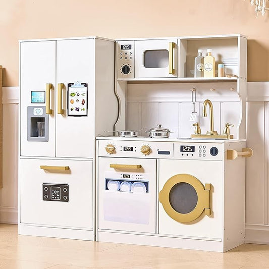 Kids Kitchen Playset with Realistic Design, Luxury Play Kitchen with Extended Storage Cabinets, Toy Kitchen for Toddlers with Coffee Counter, Cookware Accessories, Oven, Microwave (White)