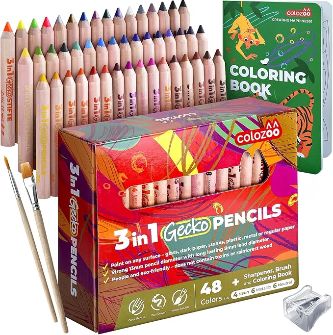 Gecko 3-in-1 Kids' Pencil Set | 48 Coloring Pencils with 2 Brushes, Sharpener, and Book for Ages 3 and Up | Ideal for Drawing, Pencil-Crayons, and Sets for Children