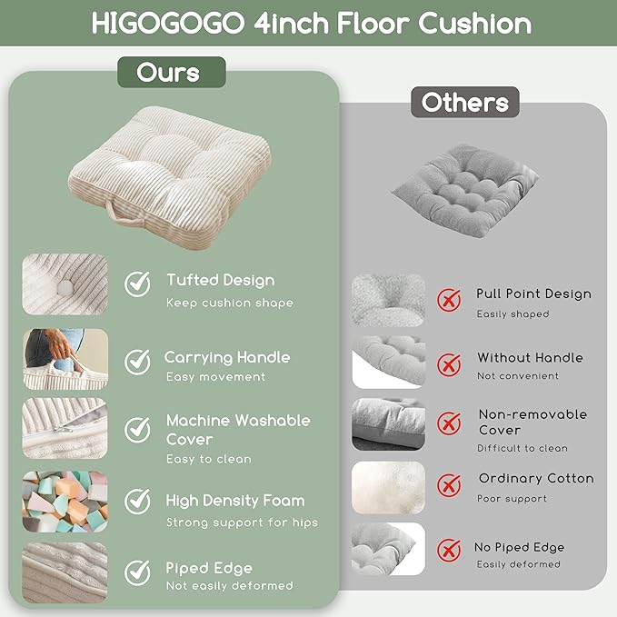 Washable Floor Pillow Cushion for Adults, Meditation Cushion Pillow, Large Square Floor Sitting, Removable Tufted Corduroy Cover, for Tatami Living Room or Yoga, 22x22 Inch, 2Pack, Machine Washable