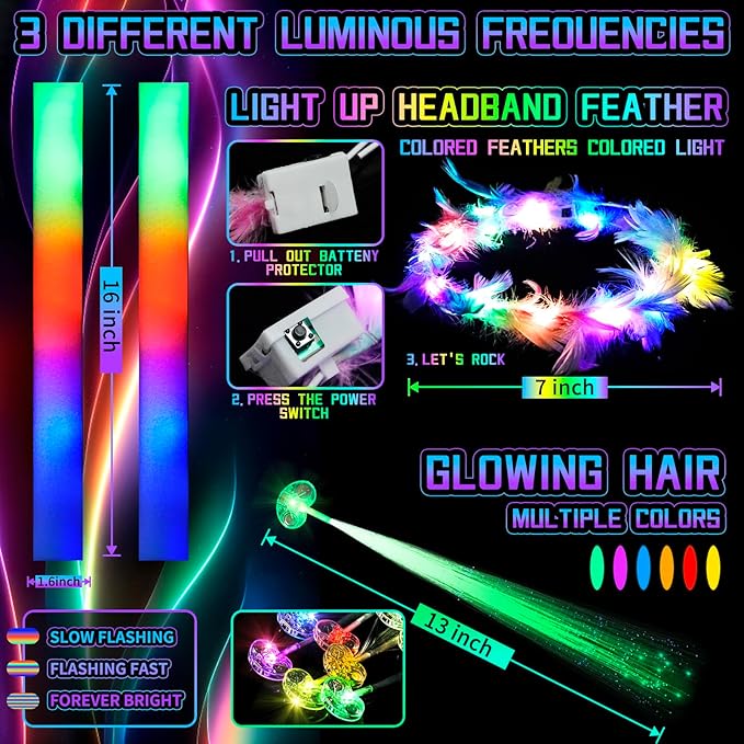 263 PCs Glow Party Supplies, 16 Foam Glow Sticks, 15 LED Glasses and 200 Glow Sticks ＆ Bracelets, 10 light up headband feather，12 Glow sticks headband，6 Fiber Optic Hair Light，4 Glow Fiber Optic Wands