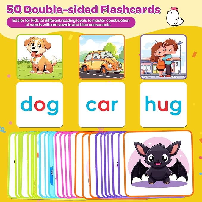 KMUYSL CVC Word Spelling Games, Wooden Learning Activities Toys, Educational Montessori Toy for 2 3 4 5 Years Old Toddlers Kids Boys and Girls, Flash Cards Sight Words for Kindergarten Preschool