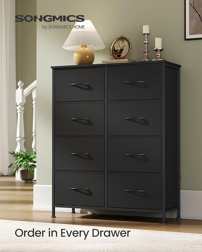 SONGMICS Dresser for Bedroom, Chest of Drawers, Steel, MDF, 8 Non-Woven Fabric Drawers, Storage Organizer Unit, Closet, Entryway, Ink Black and Ebony Black ULGS124B01S