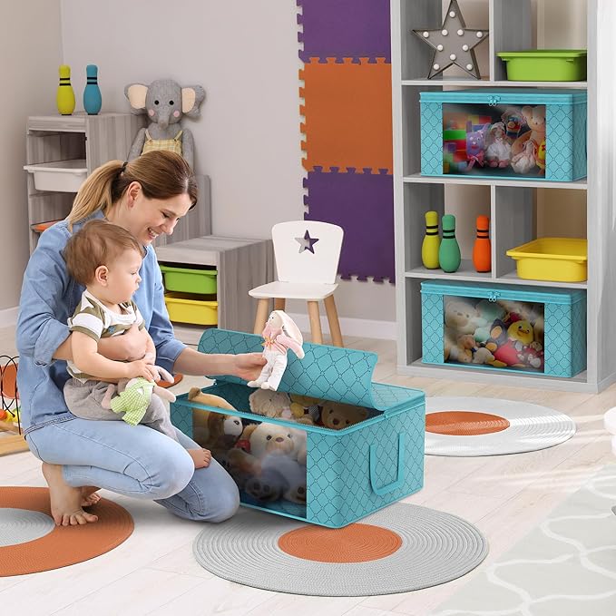 Sorbus Medium Clothes Storage Bags - Foldable Blanket Storage Bins for Organizing Bedroom, Closet, Clothing, Comforter, Organization with Clear Window, Lids and Carry Handles - Set of 6