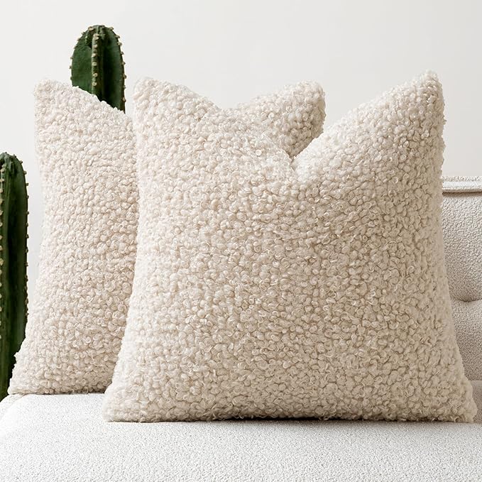 Woaboy Faux Fur Throw Pillow Covers 20x20 Inch Set of 2 Boucle Neutral Decorative Sherpa Fuzzy Accent Soft Sheepskin Fleece Cushions Modern Christmas Home Decor for Couch Sofa Bedroom Livingroom,Beige