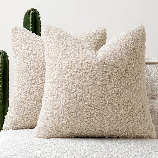 Woaboy Faux Fur Throw Pillow Covers 20x20 Inch Set of 2 Boucle Neutral Decorative Sherpa Fuzzy Accent Soft Sheepskin Fleece Cushions Modern Christmas Home Decor for Couch Sofa Bedroom Livingroom,Beige