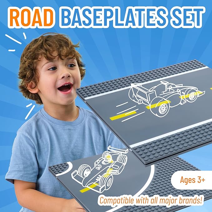 Strictly Briks Compatible with Lego Building Blocks Road Plates 10" x 10", 4 Pack Kids Brick Baseplates for City Road, Street, Race Track, Towns, Classic Size (2 Straight & 2 Curved)