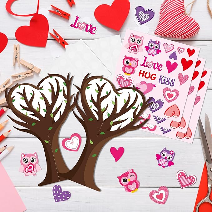 BeYumi 16Pcs Valentine’s Day Heart Trees Craft Kit for Kids Make Your Own Owl Heart Trees Decorations DIY Valentine’s Day Crafts Set Holiday School Classroom Home Party Fun Activities Decor