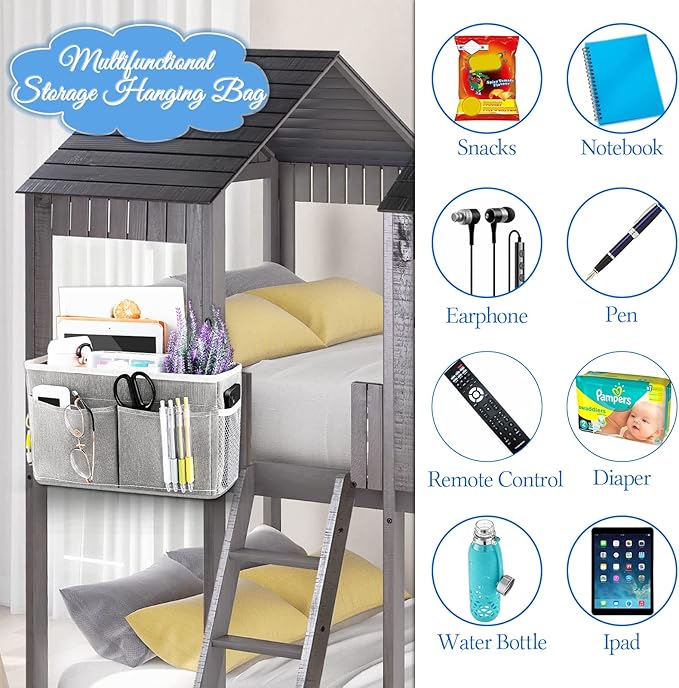 Bedside Hanging Storage Basket Headboards Bunk Beds Dorm Rooms Organizer Caddy for Storage (2Pack Grey)