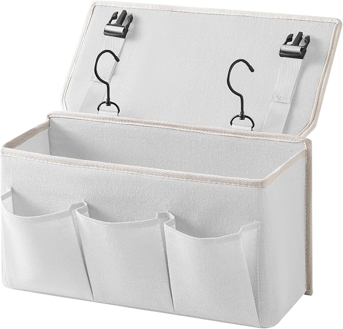 Bedside Caddy / Bedside Storage Organizer Hanging Bag with Three Options,Suitable for home beds, sofas, and dormitory beds—can hold magazines, books, phones, iPads, remote controls. (White)