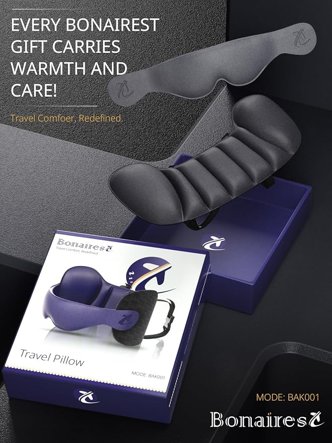 Bonairest Travel Pillow, Airplane Neck Pillow for Long Flight, Oversized Head Strap with 3D Eye Mask for Sleep, 360°Support Headrest, Stop Bobblehead, Ultimate Travel Essentials for Men Women Grey