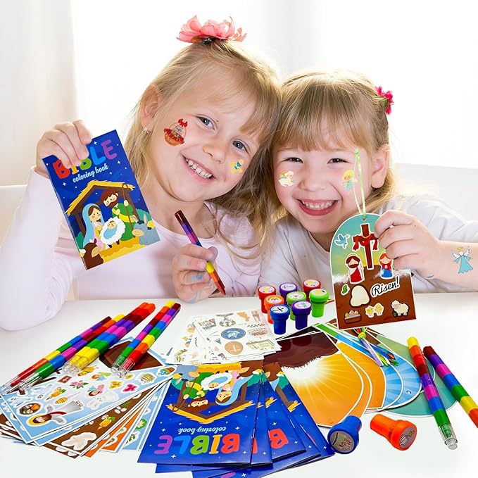 60 Pcs Easter Religious Party Favors,Christian Easter Basket Goodie Bag Stuffers,Easter Coloring Books with Stacking Crayons Bulk, Novelty Prizes DIY Scenes Stickers for Bible School Preschoolers